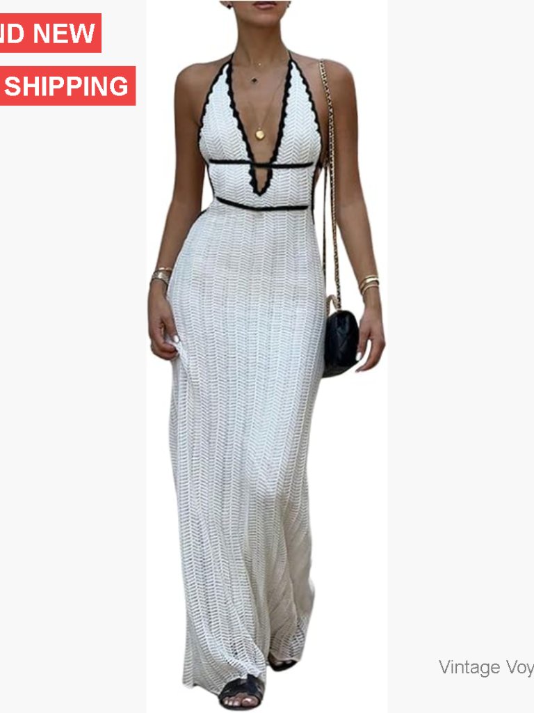 Tie Back Halter Maxi Dress Sleeveless Knit Deep V Neck Backless